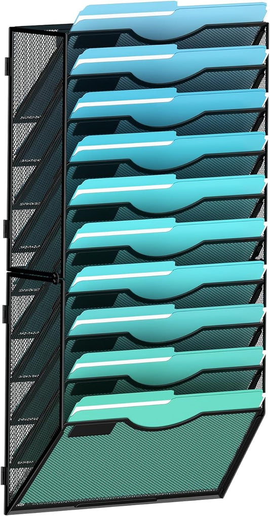 10-Tier Wall File Organizer Hanging Wall File Holder Wall Mount Paper Folder Organize, Mesh Magazine Document Mail Organizer Wall Organizer for Office School Home, Black