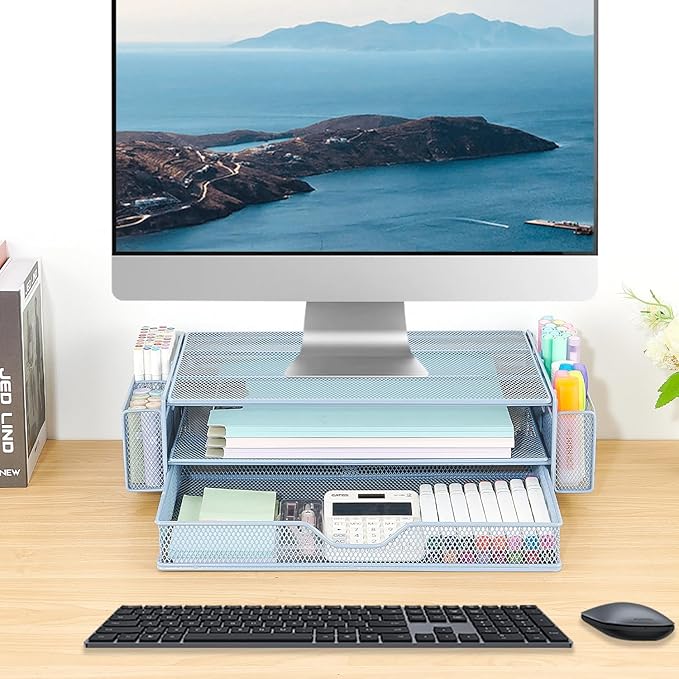 AUPSEN Computer Monitor Stands Riser,2-Tier Desk Organizers and Accessories, Office Desk Accessories Organizer with Drawers and 2 Pen Holder for Office Supplies (Blue)