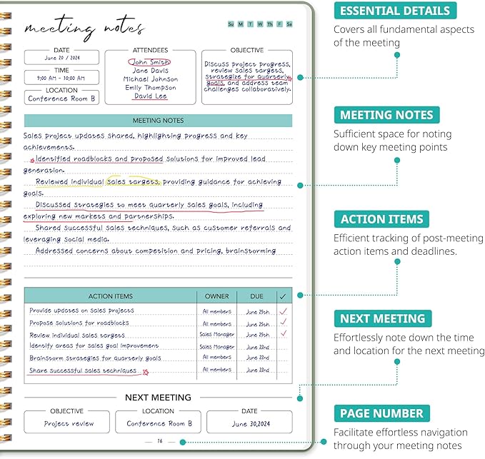 Taja Meeting Notebook for Work Organization - Work notebook with action items, Meeting Minutes Planner Notebook, Perfect Office Supplies for Men & Women - Green