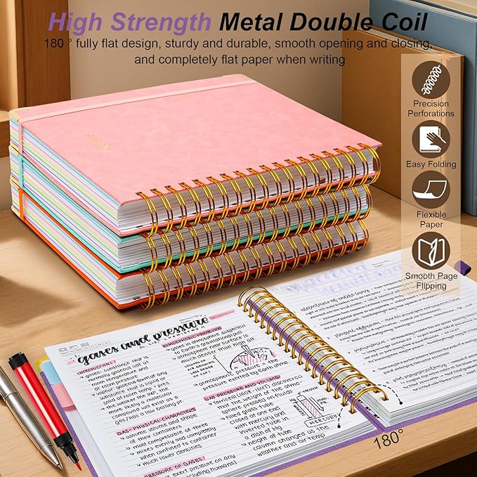Hardcover Spiral Notebook 8"x10" Journal Notebook with Tabs and Removable Dividers 300 Pages 5 Subject Notebook College Ruled, Faux Leather Spiral Bound Notebook for Women, Students, School Work (Purple)