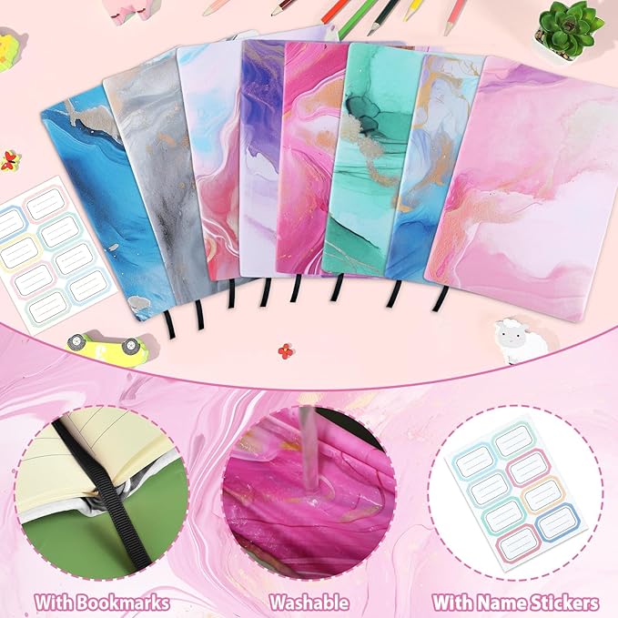 Jumbo Stretchable Book Covers 8PCS Reusable Fabric Book Cover with Label 9x11in Marble Print Protective Sleeve for Hardcover Books Textbook Cover for School Fits Most Book Sizes Up to 10x12.5in