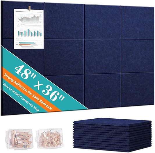 Large Cork Board 48" x 36" - Blue Bulletin Board for Walls - 12 Pack Felt Wall Tiles with Safe Removable Adhesive Tabs - Corkboard for Office Classroom Home Decor - Navy Blue