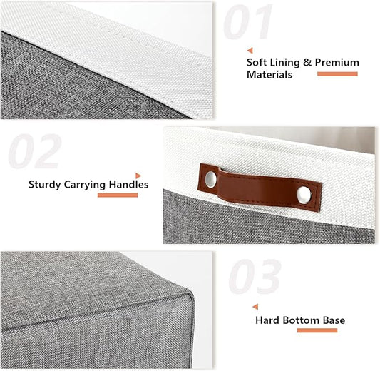 DULLEMELO Large Storage Baskets, Fabric Storage Basket with Leather Handles for Shelves Closet Nursery Toy Storage, Collapsible Fabric Baskets for Toy Book Magazine Towel Organizers(White&Gray)