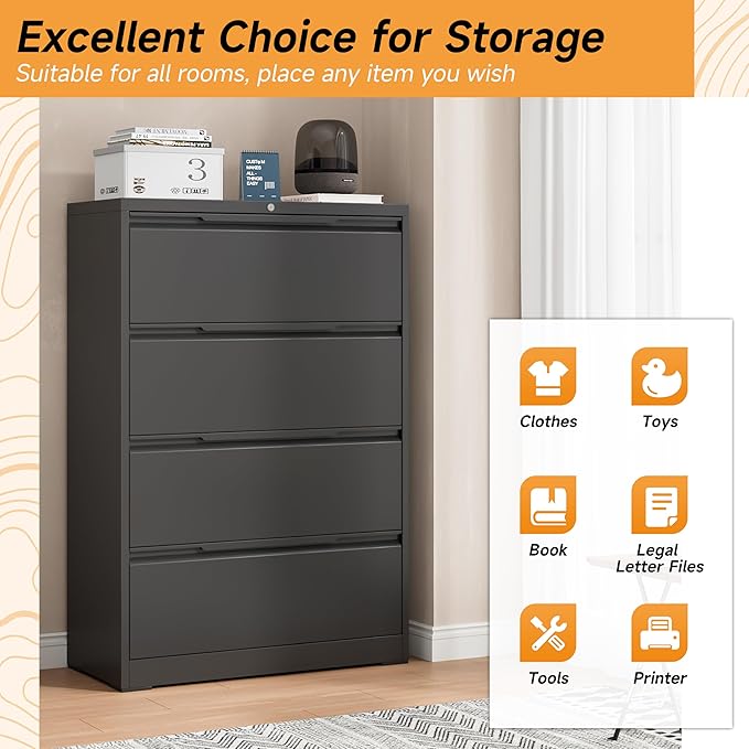 4 Drawer Lateral File Cabinet, Metal Lateral Filing Cabinet with Lock for Hanging Files Letter/Legal/F4/A4 Size, Easy Assemble Black
