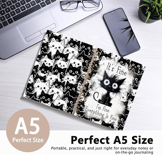 Funny Cat Journal Spiral Notebook for Teen Girls, Cute Notebooks for School Aesthetic, Cat Lover Gifts for Women Men, It's Fine I'm Fine Everything is Fine, cat notepad 5.5x8.3 Inch