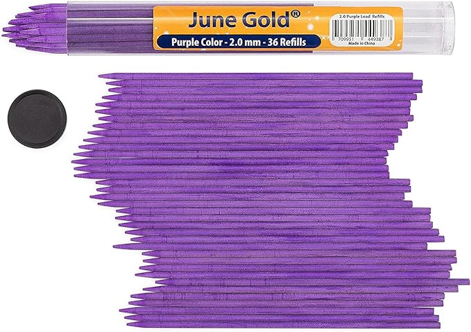 June Gold 36 Purple (Amethyst #106) Colored 2.0 mm Lead Refills, Bold Thickness for Heavy Use, Break Resistant with a Convenient Dispenser