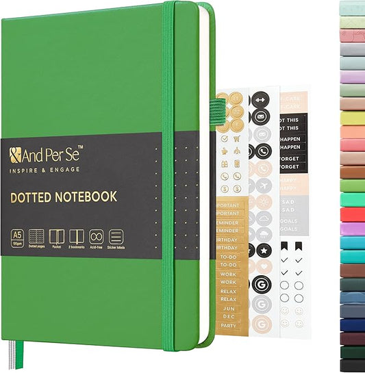 &And Per Se Dotted Journal Notebook, A5 Hardcover Bullet Dotted Journal, 160 Pages 100 gsm Thick Dotted Paper, 3 Sheets of Stickers Included - 5.7'' x 8''(Emerald)
