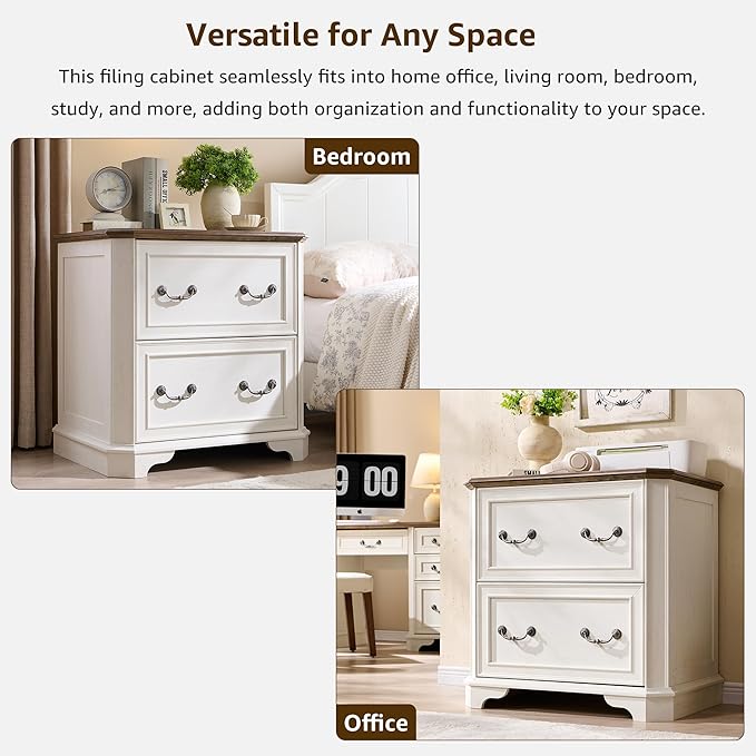 T4TREAM 2 Drawer File Cabinet-30 Wide Wooden Extended Desktop, Farmhouse Filing Cabinet with Smooth Rails, Holds Letter/Legal/A4, Hexagonal Design & Framed Drawer Fronts, Antique White