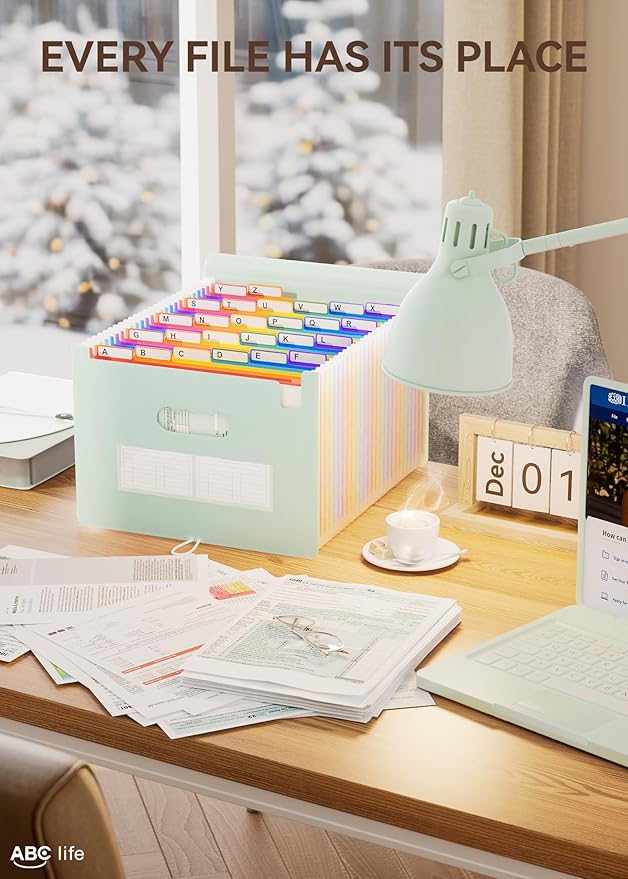 ABC life 26 Pockets Accordian File Organizer Expanding File Folders, Portable Letter A4 Size Filing Box,Plastic Monthly Receipt Document Organizer with Colored Tabs (Sage Green)