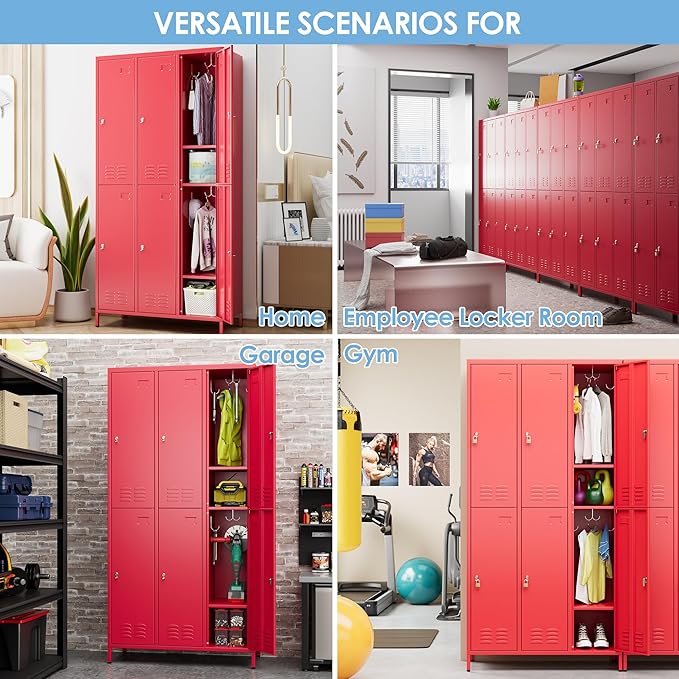 6 Doors Metal Locker with Business Card Holder and 18 Hooks,Metal Locker for Employees with Ventilation Holes for School Garage Office Gym Home,Assembly Required,Red