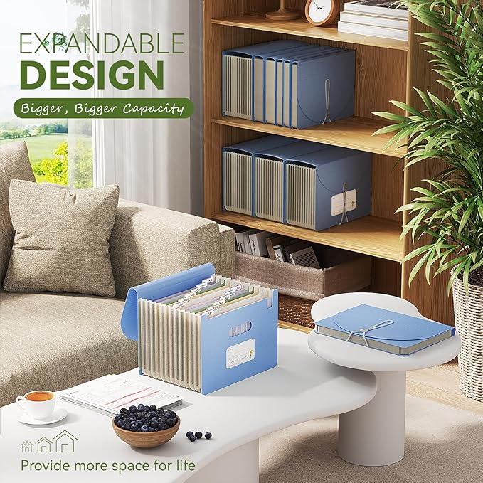 Accordion File Organizer, 12 Pockets Wheat Straw Expanding File Folder, Portable Monthly Paper Bill Tax Receipt Organizer, Letter A4 Size Document Holder,Green Office with Colorful Tab,UN Blue