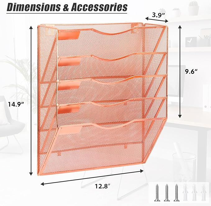 EASEPRES 5 Pocket Mesh Hanging Wall File Organizer, Wall Mounted Mail Paper Document Folder Holder, Clipboard Storage Organization Magazine Rack with Nametag Label for Office Home School, Rose Gold