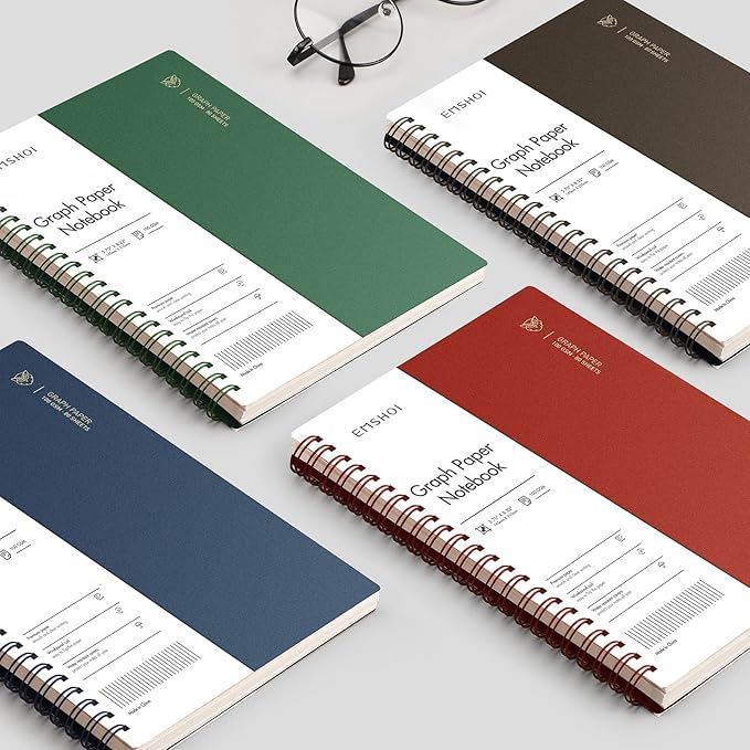 EMSHOI Graph Spiral Notebook 4 Pack, A5 Graph Paper Notebook/Journal, Waterproof PVC Cover, 100GSM Thick Paper, with Free Sticky Notes, 80 Sheets/160 Pages Per Book, 5.7" x 8.22", Coffee Blue