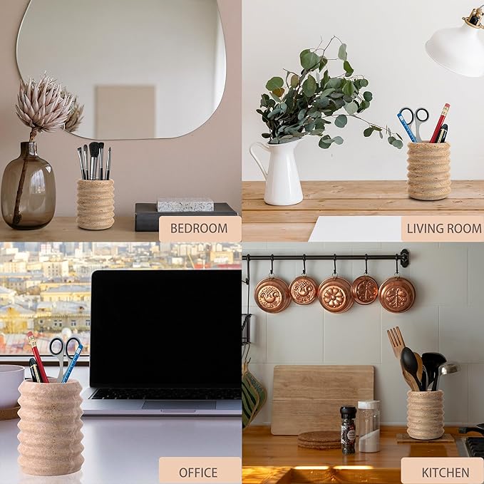 WORHE Pen Holder Stand for Desk, Natural Travertine Stone Makeup Brush Holders, Modern and Functional Pencil Cup for Office Supplies Tableware Organizer for Home Decor School Beige (PH90110)