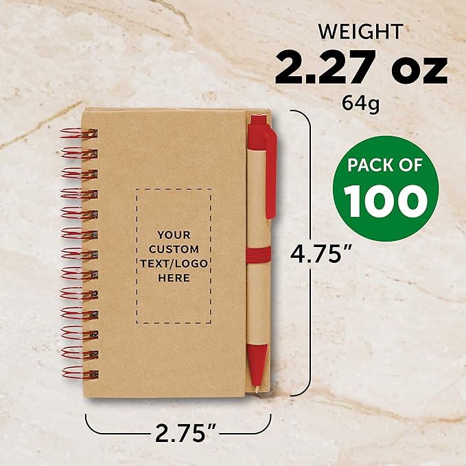 Custom Mini Spiral Notebooks with Black Ink Pens Set of 100, Personalized Bulk Pack - Perfect for School, Office, Business, Home - Red