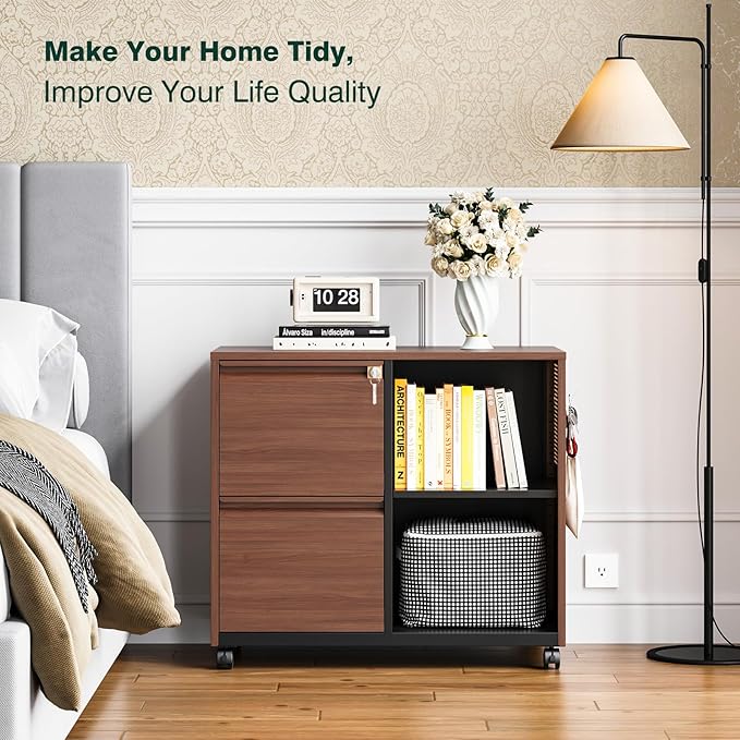 2 Drawer Mobile File Cabinet,Metal File Cabinet with Lock,Lateral Printer Stand Filling Storage Cabinet for Home Office-A4/F4/Letter(Wood