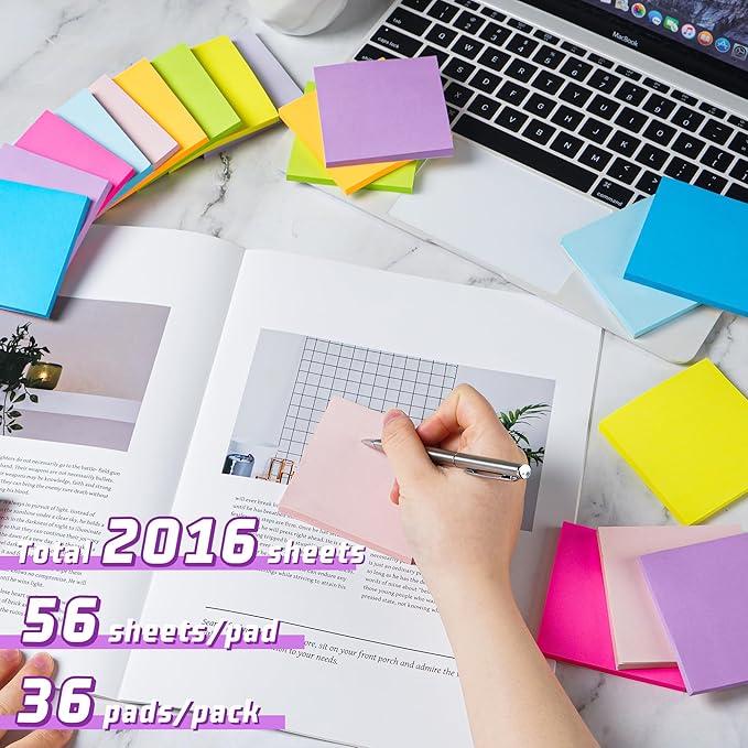 (36 Pack) Sticky Notes 3x3 in Post, 9 Bright Colors Self-Stick Note Pads it, Strong Adhesive, Easy to Post for Home, Office, Notebook