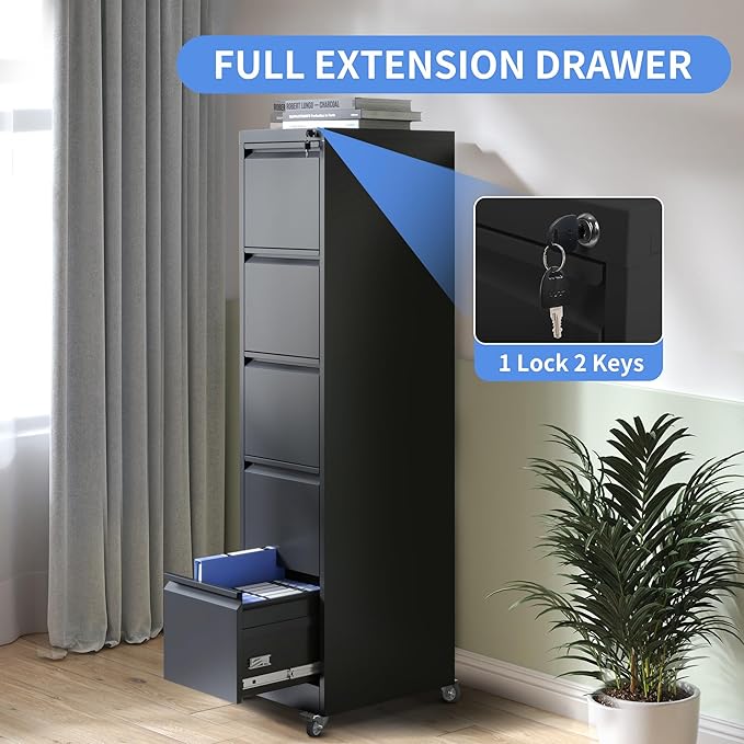 5 Drawer Mobile File Cabinet, Filing Cabinet Home Office for Letter, Legal Size, Black