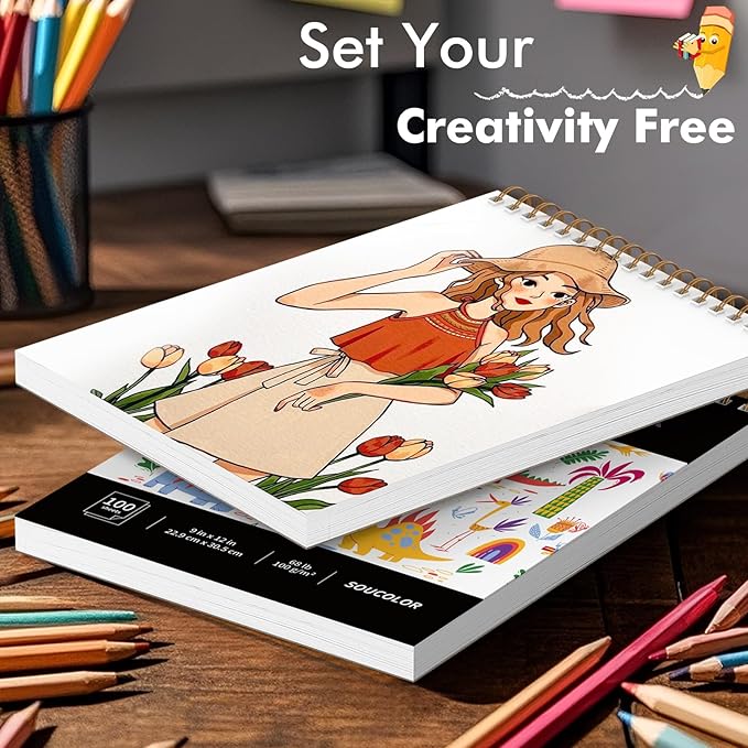 Soucolor 9" x 12" Kids Sketch Book, 100 Sheets Spiral Bound Art Sketchbook, Acid Free Artist Drawing Book Paper, Art Supplies for Adults, Craft Activities, Sketch Paper for Drawing Coloring Sketching