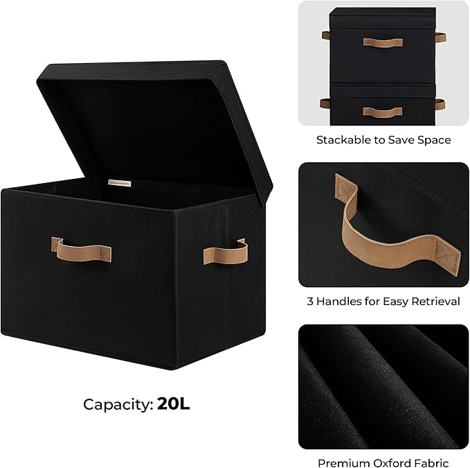 StorageWorks Fabric Storage Bins with Lid, Decorative Storage Boxes for Shelves, Stackable Closet Organizer Basket with Handles, Large, Black, 2-Pack