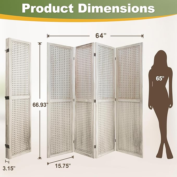 NicBex Room Divider 4 Panel Pegboard Display 5.6FT Wood PegBoard Room Dividers, Folding Privacy Screens Portable Display Board Wall Divider for Craft/Art Shows, Room Separation, Natural Wood