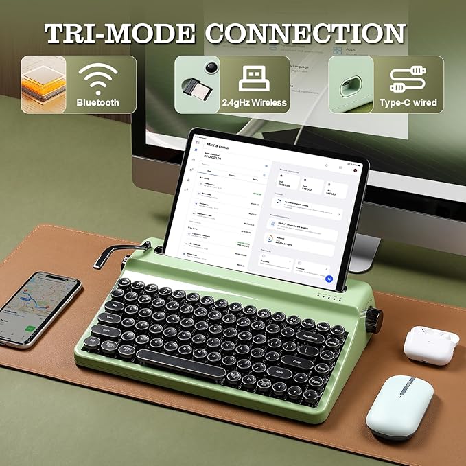 YUNZII QL75 Wireless Typewriter Hot Swap Retro Mechanical Keyboard,Punk Round Keycaps,RGB Backlit QMK/VIA Programmable, Multi-Device Keyboard with 2.4GHz/Type-C/BT5.0 (Green, Cocoa Cream V2 Switch)
