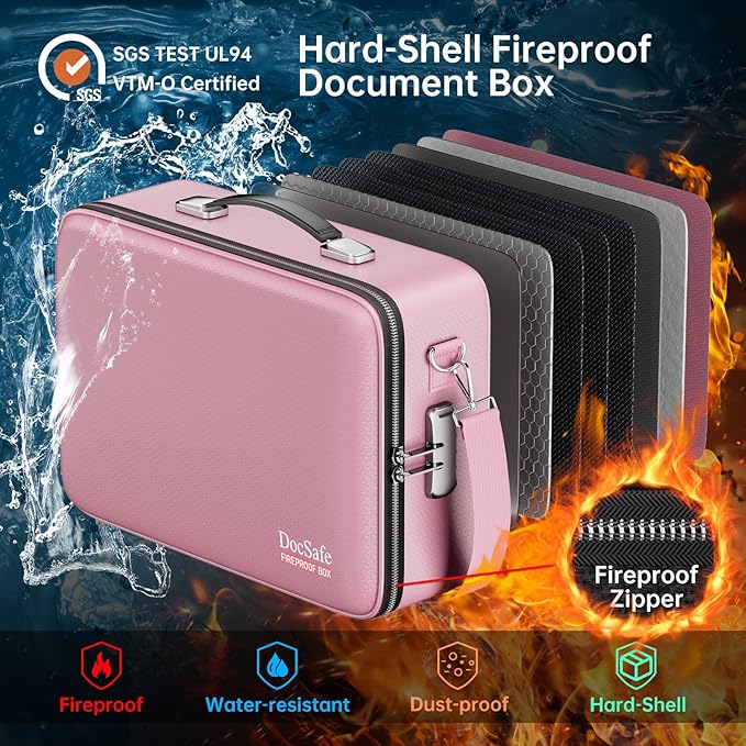 DocSafe Fireproof Document Box with Lock&Shoulder Strap,Hard Case File Organizer with Accordion File Folder,Multi-Layer Portable Home Office Travel Safe Storage for Important Documents Laptop Pink
