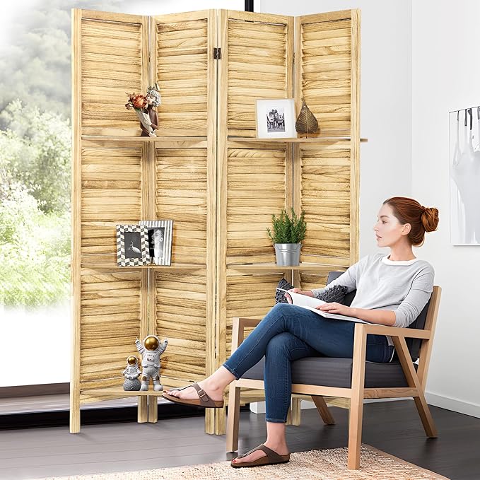 Room Divider with Shelves, 5.6FT Folding Room Divider Panel, 4 Panel Wood Partition Wall Divider for Room Separation, Natural Wood