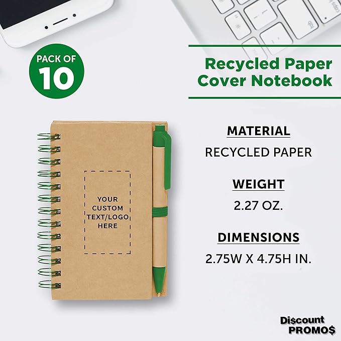 Custom Mini Spiral Notebooks with Black Ink Pens Set of 10, Personalized Bulk Pack - Perfect for School, Office, Business, Home - Green