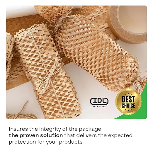 IDL Packaging Original HexcelWrap Honeycomb Packing Kraft Paper 15.25" x 1400' Roll in Self-Dispensed Box, White - The First Patented Interlocking Slit Paper Design for Shipping