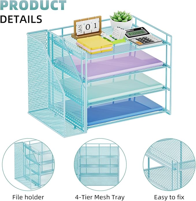 Marbrasse Desk Organizer and Accessories,4-Tier Paper Letter Tray Organizer with File Holder,Desk Accessories & Workspace Desktop Organizers for School Home Office Supplies (Blue)