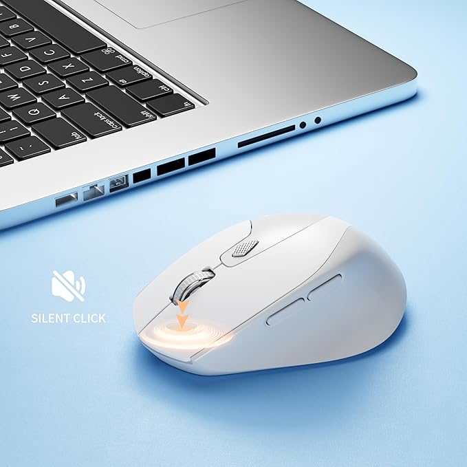 TENMOS M7 Bluetooth Mouse, Rechargeable Dual Mode BT5.1+ 2.4GHz USB Silent Wireless Mouse with Type C Adapter & Battery Indicator, Ergonomic Design for Laptop, iPad, MacBook-White and Grey
