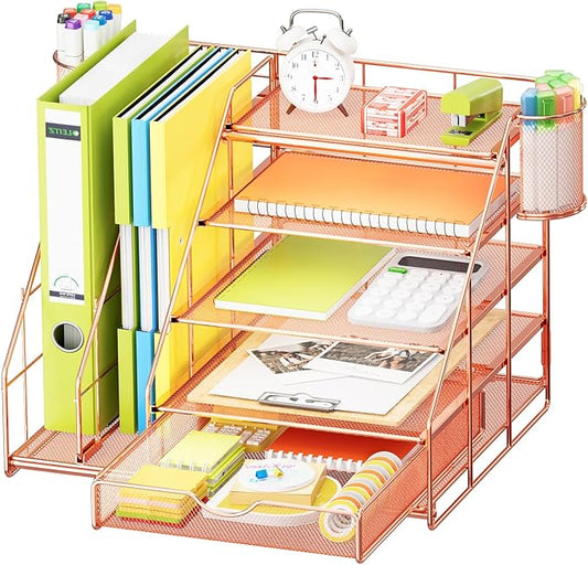 Marbrasse Desk Organizer with File Holder, 5-Tier Desk Organizers and Accessories with Drawer and 2 Pen Holder, Mesh Paper Letter Tray, Desktop Organizer and Storage for Office Supplies (Rose Gold)