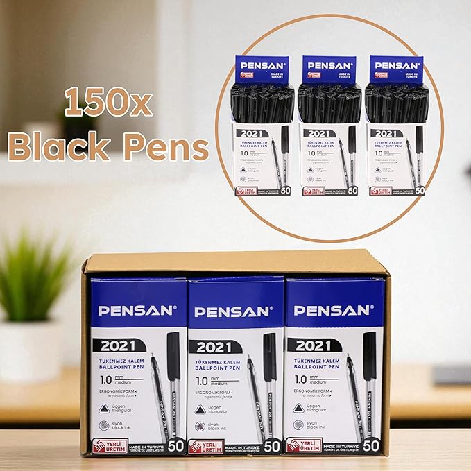 Black Ballpoint Pens,1.0 mm Medium Point, Black Pens, Ergonomic Triangle Grip, Smooth Writing, 150-Count Pack of Bulk Pens