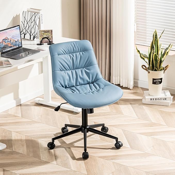 Kidol & Shellder Faux Leather Office Chair, Adjustable Swivel Height Task Chair, Rolling Wheels & Soft Backrest - Armless Ergonomic Desk Chair for Home, Office,Vanity,Gaming(Blue)