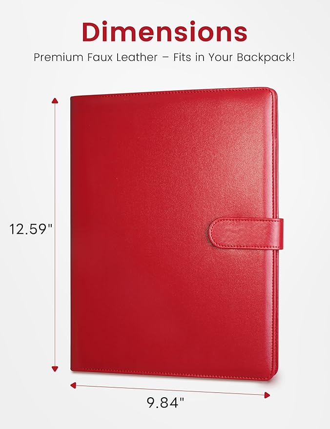 Mymazn Padfolio Clipboard Folder Portfolio, Faux Leather Storage Clipboard with Cover for Legal Pad Holder Letter Size A4 Writing Pad for Business School Office Conference Notepad Clip Boards (Red)
