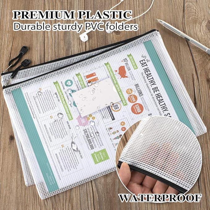 Sooez 20 Pack Mesh Zipper Pouch with Label Pocket, Plastic Zip File Folders, Letter Size A4 Zipper Document Bag for Teacher School Office Supplies, Classroom Organization, Board Game Storage,Black