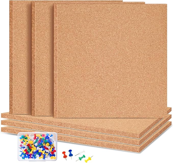 6 Pac Self-Adhesive Square Cork Boards for Wall with 100 Push Pins for Bulletin Boards Cork Wall Home School Office Decorative(12"x12"x1/4" )