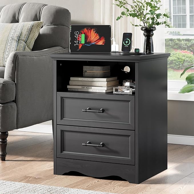 Black Nightstand with Charging Station, Farmhouse End Table with 2 Drawers, Bedside Table with Space-Saving Storage Cabinet, Unique Base Design for Bedroom & Living Room