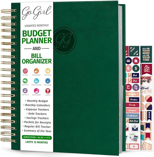GoGirl Budget Planner & Monthly Bill Organizer – Monthly Financial Book with Pockets. Expense Tracker Notebook Journal, Large (Dark Green)