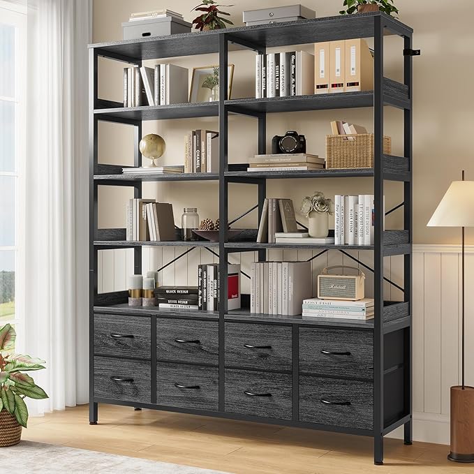 Bookshelf with 8 Fabric Drawers, 7-Tier Bookcase with Baffles Display Shelves, Industrial Large Book Shelf for Living Room Home Office, Grey