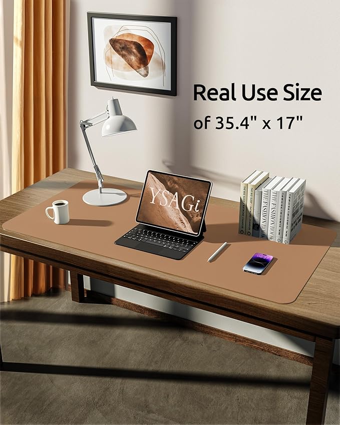 YSAGi Leather Desk Protector, Office Mat, Large Mouse Pad, Non-Slip PU Leather Blotter, Laptop Desk, Waterproof Writing Pad for Office and Home (Khaki, 35.4" x 17")