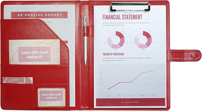 Mymazn Padfolio Clipboard Folder Portfolio, Faux Leather Storage Clipboard with Cover for Legal Pad Holder Letter Size A4 Writing Pad for Business School Office Conference Notepad Clip Boards (Red)