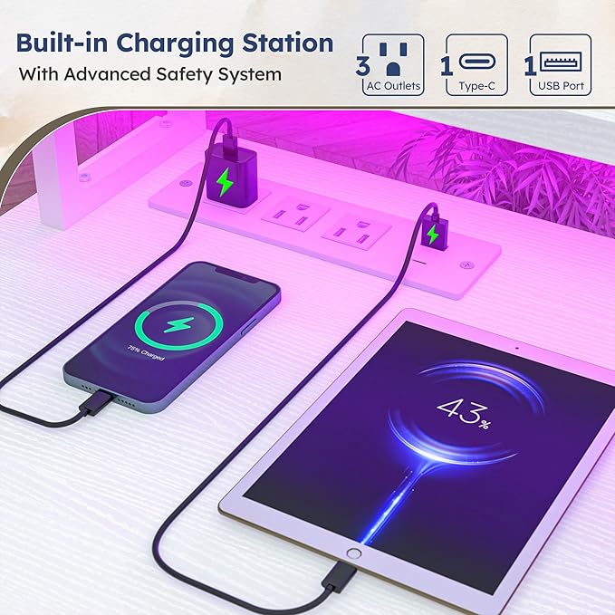 L Shaped Computer Desk with Drawers, Gaming Desk with LED Lights & Monitor Shelf, Office Desks with Power Outlets, Corner Desks for Home Office, Study Room and Bedroom, White