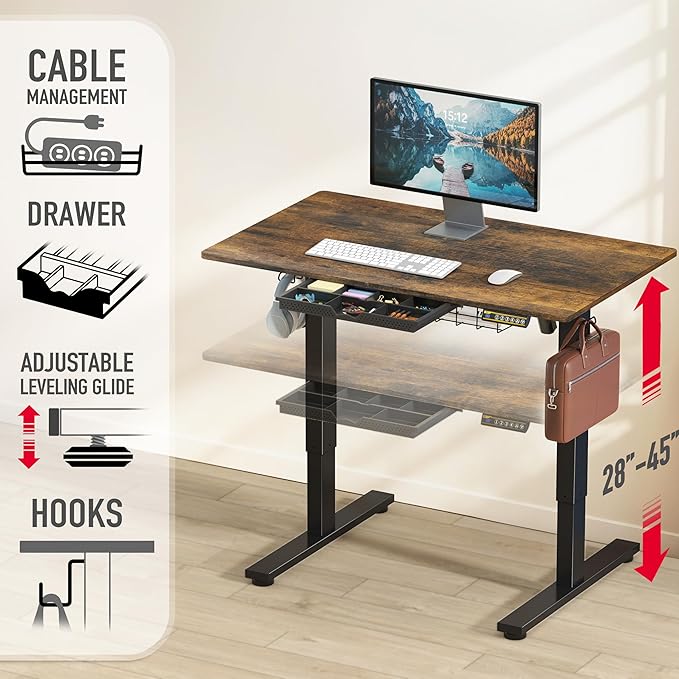 SHW 40-Inch Electric Height Adjustable Standing Desk with Drawer, Memory Preset and Cable Management Tray, Rustic Brown