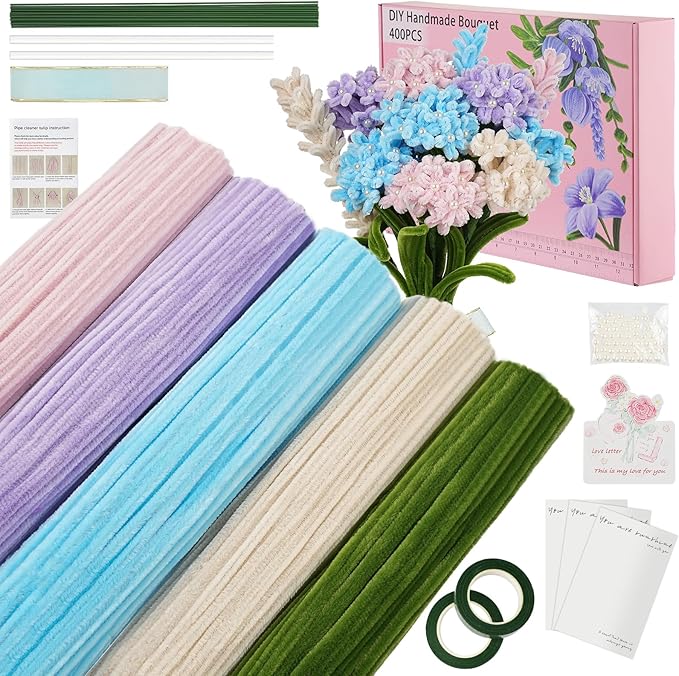 400 Pcs Craft Pipe Cleaners Flowers,5 Assorted Colors Chenille Stems Bulk with Floral Wires, Gardening Tape,Greeting Card,Bouquet Paper,Hot Glue Stick,Pearl & Ribbon,Ideals for Various Types Decor