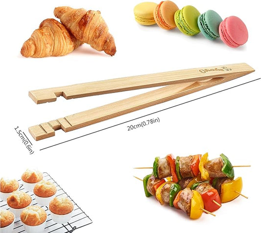 2PCS Reusable Toaster Tongs, OHOLA 8 inch Bamboo Cooking Tong, Multipurpose Wooden Tongs for Toaster, Fruits, Bread, Pickles, Cheese, Bacon, and Muffins (Stylish Pattern)