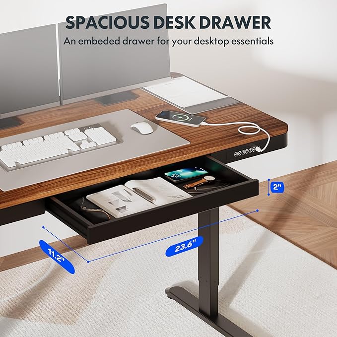 FLEXISPOT Comhar 55" Electric Standing Desk with Drawers, Quick Assembly Home Office Sit Stand Desk with Storage & USB Charging, Computer Workstation for Home Office (55" Wood, Dark Walnut/Black)
