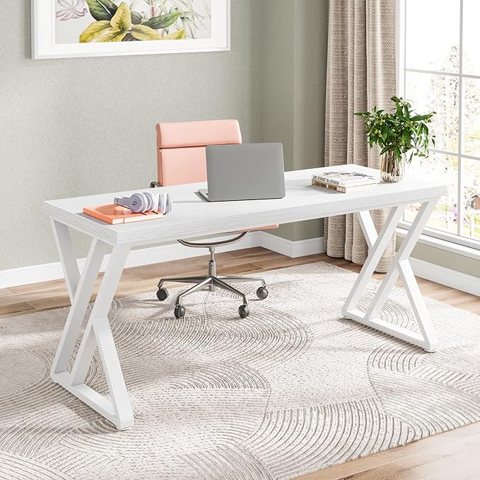 Tribesigns Writing Computer Desk, 55 inch Heavy Duty Study Desk with Z-Shaped Metal Leg, Modern Simple Home Office Computer Desk, White