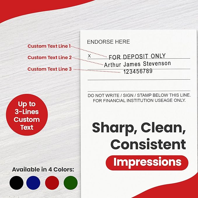 Promot Pre-Inked Custom Deposit Stamp - Personalized Text, Refillable Custom Stamp with Built-in Ink Reservoir, Easy 3-Step Re-Inking, Customized Rubber Stamp for Bank and Businesses (3-Lines)